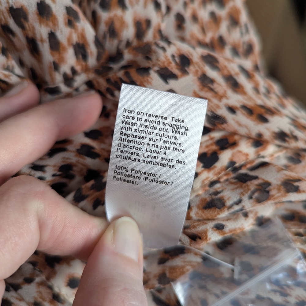 River Island Sheer Leopard Print Ruffle Button Down Shirt W/ Rhinestone Buttons - Picture 7 of 9